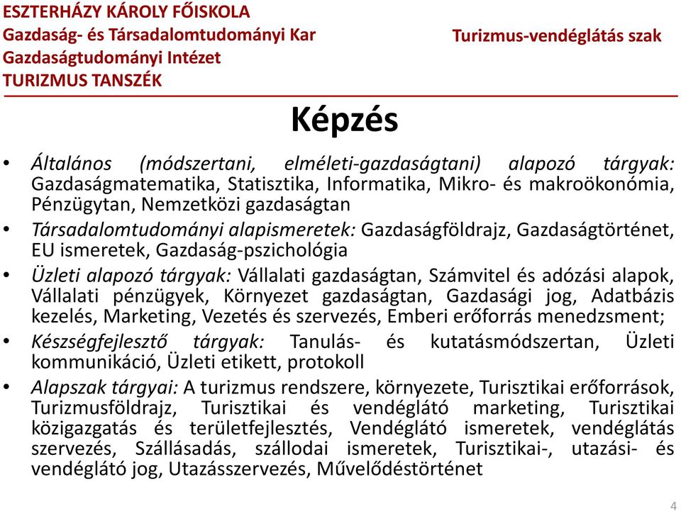 gazdaságtan, Gazdasági jog, Adatbázis kezelés, Marketing, Vezetés ésszervezés, Emberierőforrás menedzsment; Készségfejlesztő tárgyak: Tanulás és kutatásmódszertan, Üzleti kommunikáció, Üzleti