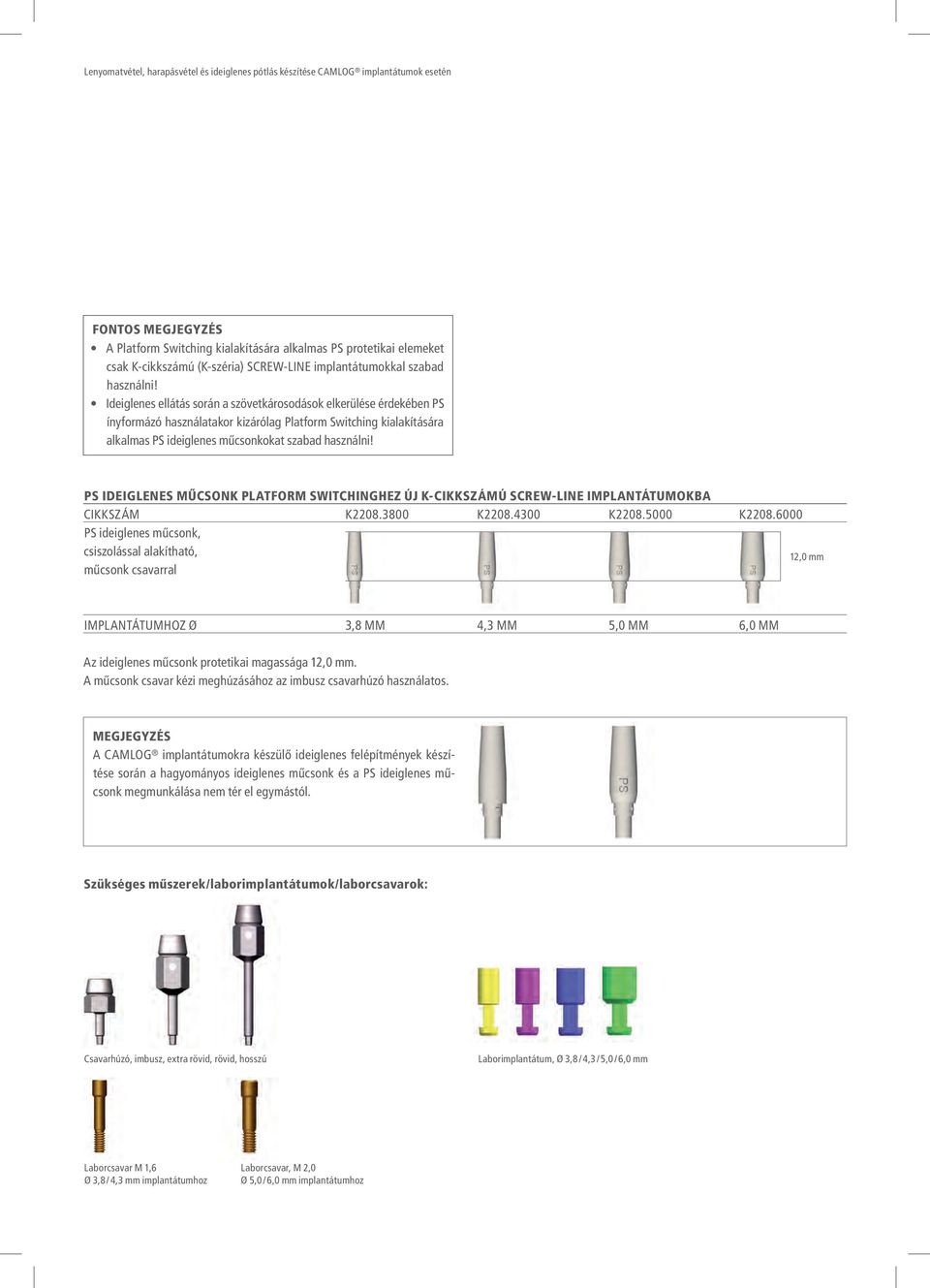 PS IDEIGLENES MŰCSONK PLATFORM SWITCHINGHEZ ÚJ K-CIKKSZÁMÚ SCREW-LINE IMpLANTÁTUMOKBA Cikkszám K2208.3800 K2208.4300 K2208.5000 K2208.