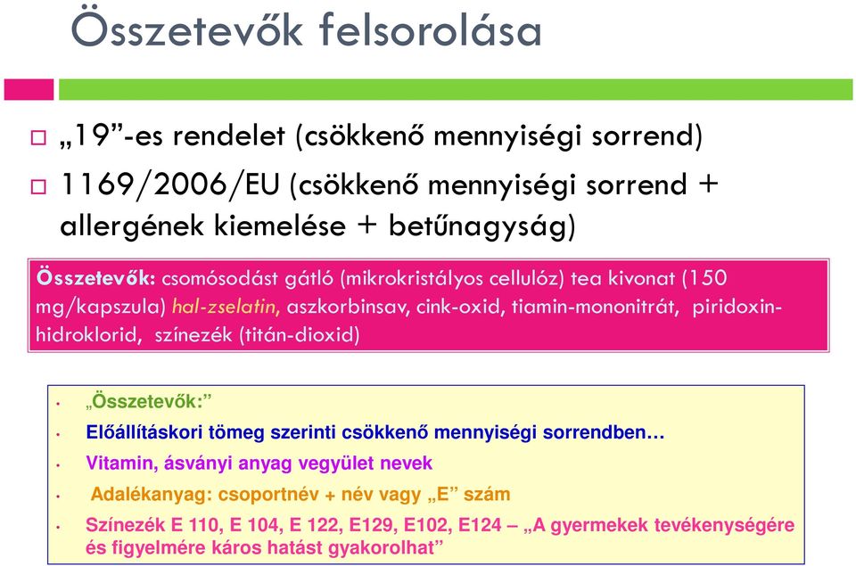 piridoxinhidroklorid, színezék (titán-dioxid) Összetevők: Előállításkori tömeg szerinti csökkenő mennyiségi sorrendben Vitamin, ásványi anyag vegyület