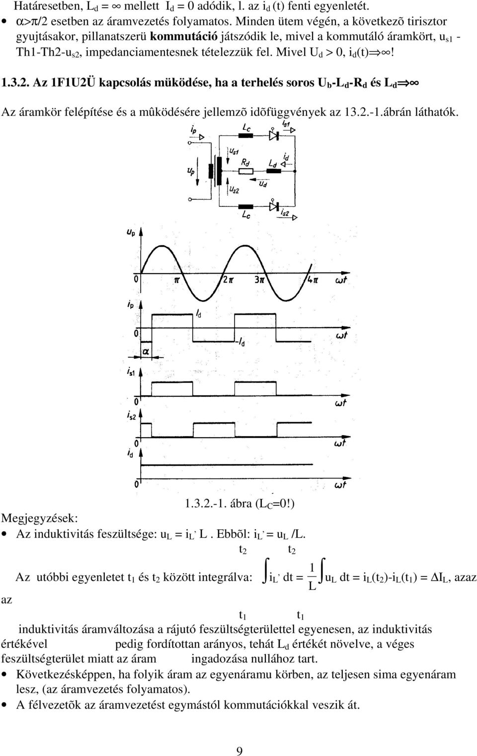 1.3.2. Az 1F1U2Ü kapcsolás müködése, ha a terhelés soros U b -L d -R d és L d Az áramkör felépítése és a mûködésére jellemzõ idõfüggvények az 13.2.-1.ábrán láthatók. 1.3.2.-1. ábra (L C =0!
