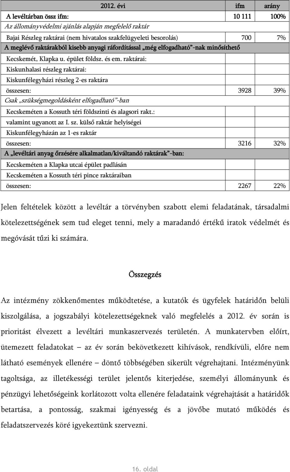 raktárai: Kiskunhalasi részleg raktárai: Kiskunfélegyházi részleg 2-es raktára összesen: 3928 39% Csak szükségmegoldásként elfogadható -ban Kecskeméten a Kossuth téri földszinti és alagsori rakt.