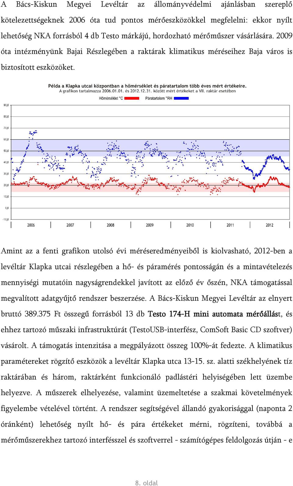 Amint az a fenti grafikon utolsó évi méréseredményeiből is kiolvasható, 2012-ben a levéltár Klapka utcai részlegében a hő- és páramérés pontosságán és a mintavételezés mennyiségi mutatóin