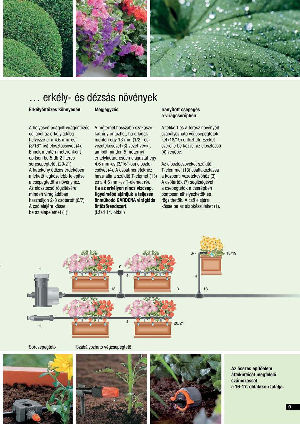Az elosztócső rögzítésére minden virágládában használjon 2-3 csőtartót (6/7). A cső elejére kösse be az alapelemet (1)!