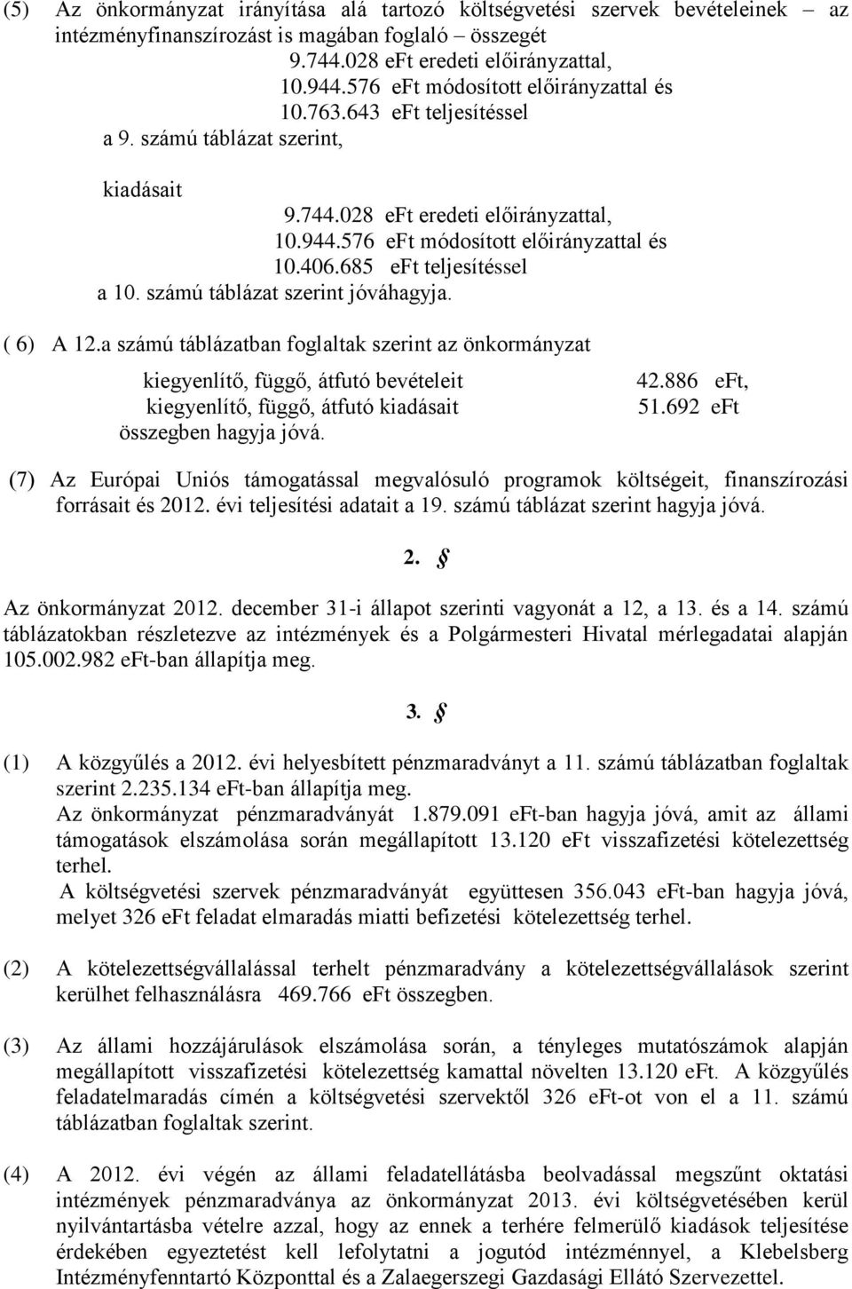 685 eft teljesítéssel a 10. számú táblázat szerint jóváhagyja. ( 6) A 12.