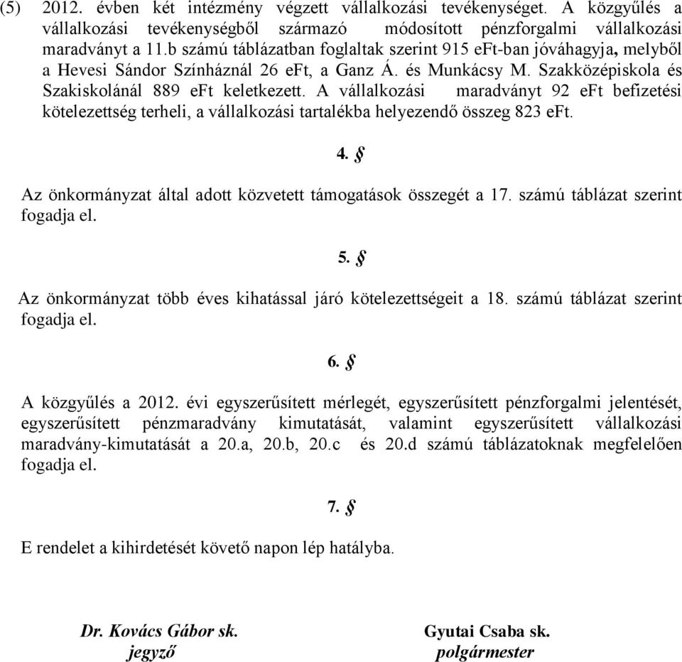 A vállalkozási maradványt 92 eft befizetési kötelezettség terheli, a vállalkozási tartalékba helyezendő összeg 823 eft. 4. Az önkormányzat által adott közvetett támogatások összegét a 17.