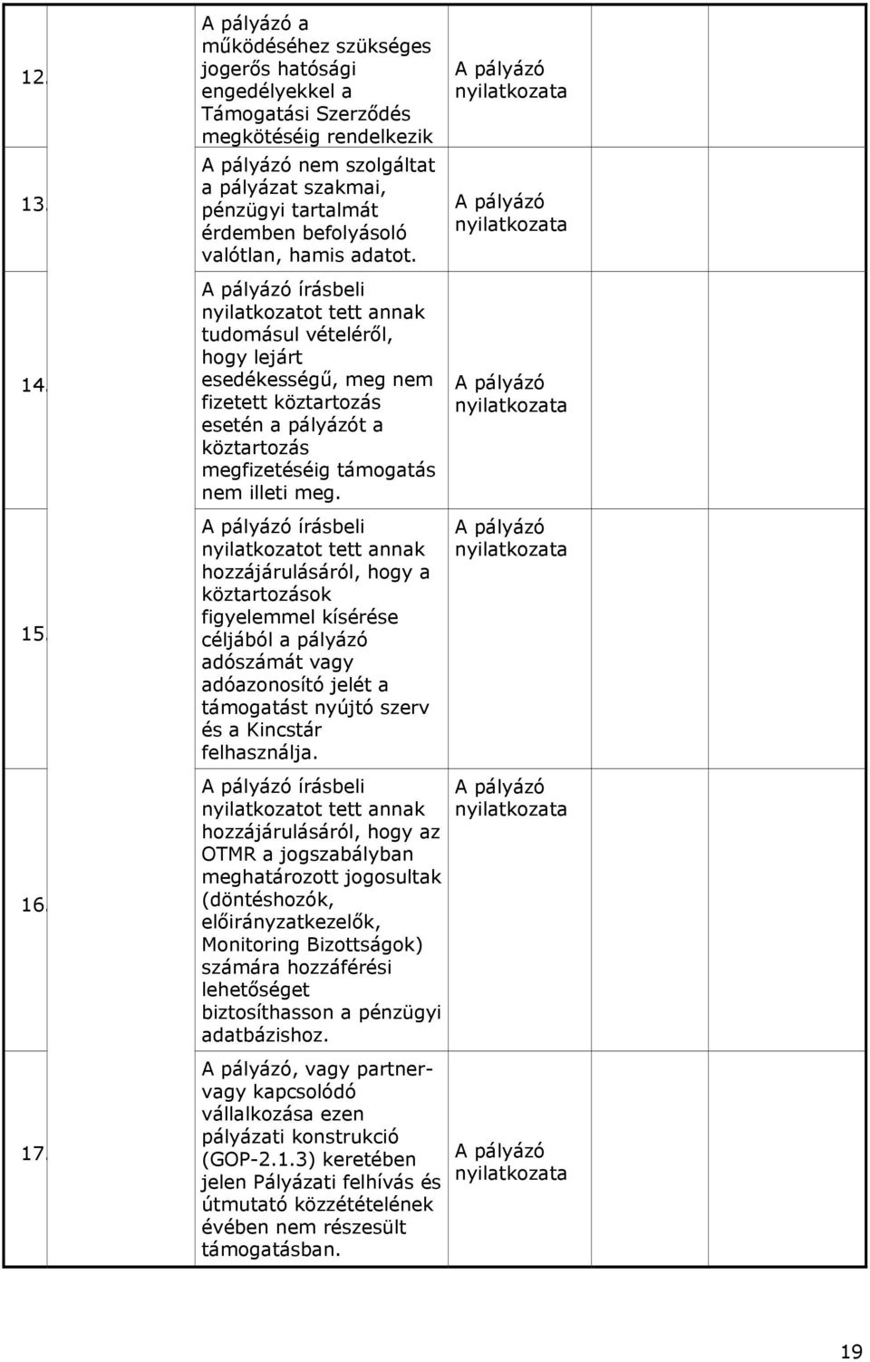 írásbeli nyilatkozatot tett annak tudomásul vételéről, hogy lejárt esedékességű, meg nem fizetett köztartozás esetén a pályázót a köztartozás megfizetéséig támogatás nem illeti meg.