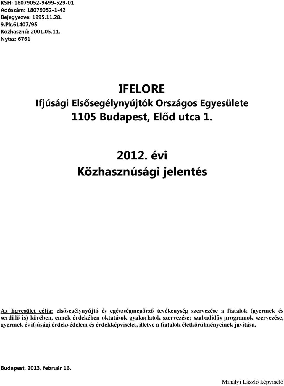 2012. évi Közhasznúsági jelentés Az Egyesület célja: elsősegélynyújtó és egészségmegőrző tevékenység szervezése a fiatalok (gyermek és