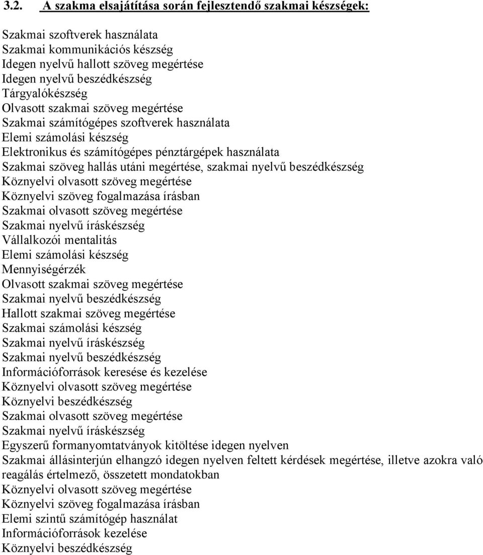 megértése, szakmai nyelvű beszédkészség Köznyelvi olvasott szöveg megértése Köznyelvi szöveg fogalmazása írásban Szakmai olvasott szöveg megértése Szakmai nyelvű íráskészség Vállalkozói mentalitás