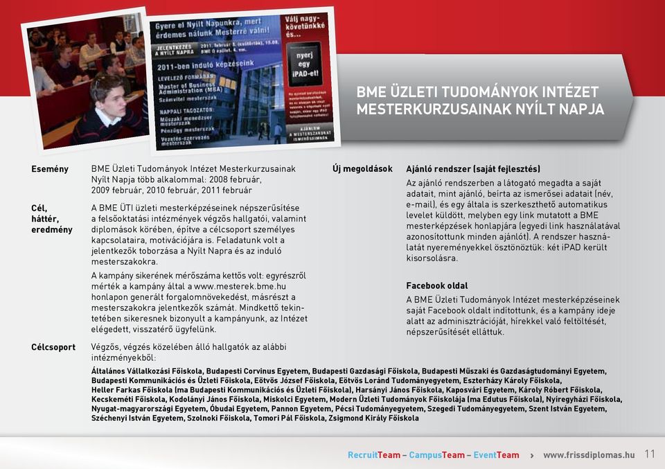 Feladatunk volt a jelentkezők toborzása a Nyílt Napra és az induló mesterszakokra. A kampány sikerének mérőszáma kettős volt: egyrészről mérték a kampány által a www.mesterek.bme.