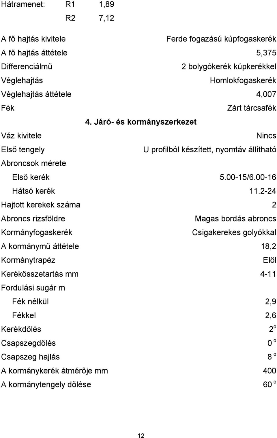 Járó- és kormányszerkezet Váz kivitele Nincs Első tengely U profilból készített, nyomtáv állítható Abroncsok mérete Első kerék Hátsó kerék 5.00-15/6.00-16 11.