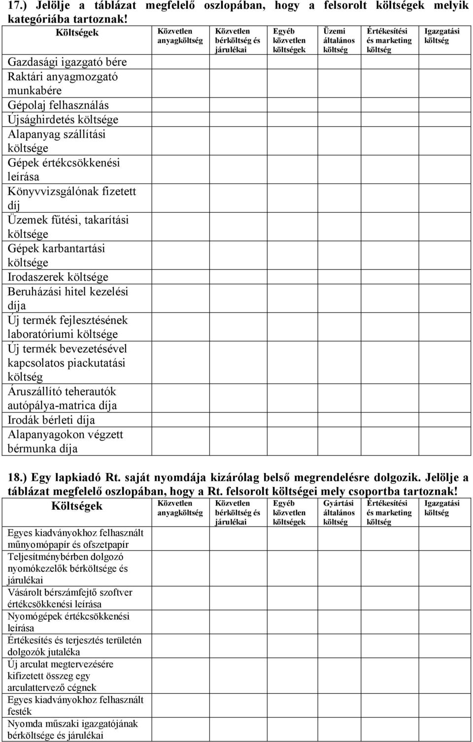 takarítási e Gépek karbantartási e Irodaszerek e Beruházási hitel kezelési díja Új termék fejlesztésének laboratóriumi e Új termék bevezetésével kapcsolatos piackutatási Áruszállító teherautók