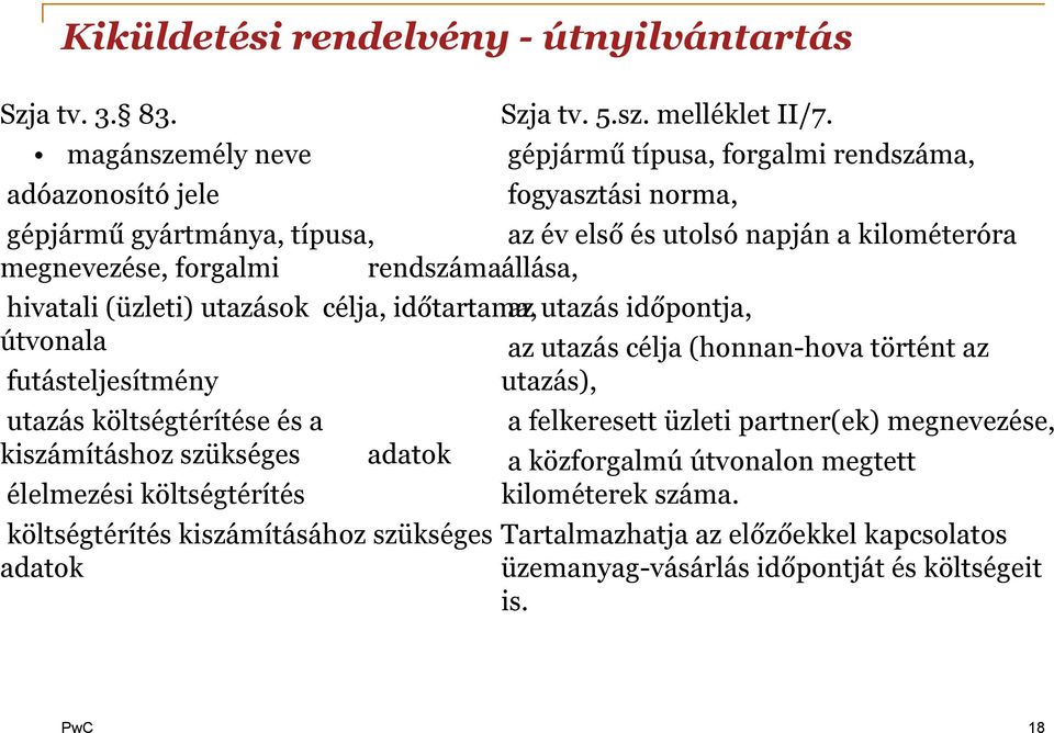 időtartama, az utazás időpontja, útvonala futásteljesítmény utazás költségtérítése és a kiszámításhoz szükséges élelmezési költségtérítés adatok költségtérítés kiszámításához szükséges