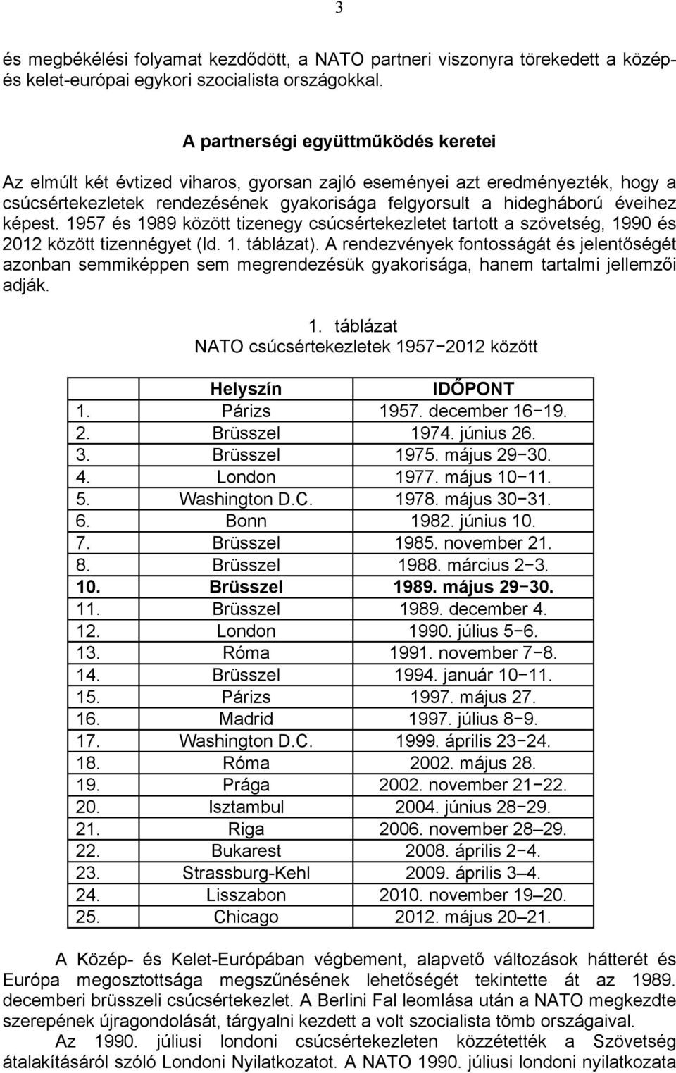 képest. 1957 és 1989 között tizenegy csúcsértekezletet tartott a szövetség, 1990 és 2012 között tizennégyet (ld. 1. táblázat).