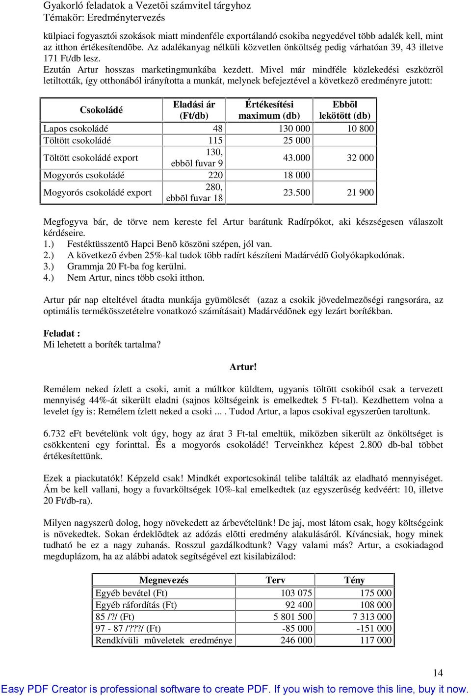 Mivel már mindféle közlekedési eszközrõl letiltották, így otthonából irányította a munkát, melynek befejeztével a következõ eredményre jutott: Csokoládé Eladási ár Értékesítési Ebbõl (Ft/db) maximum