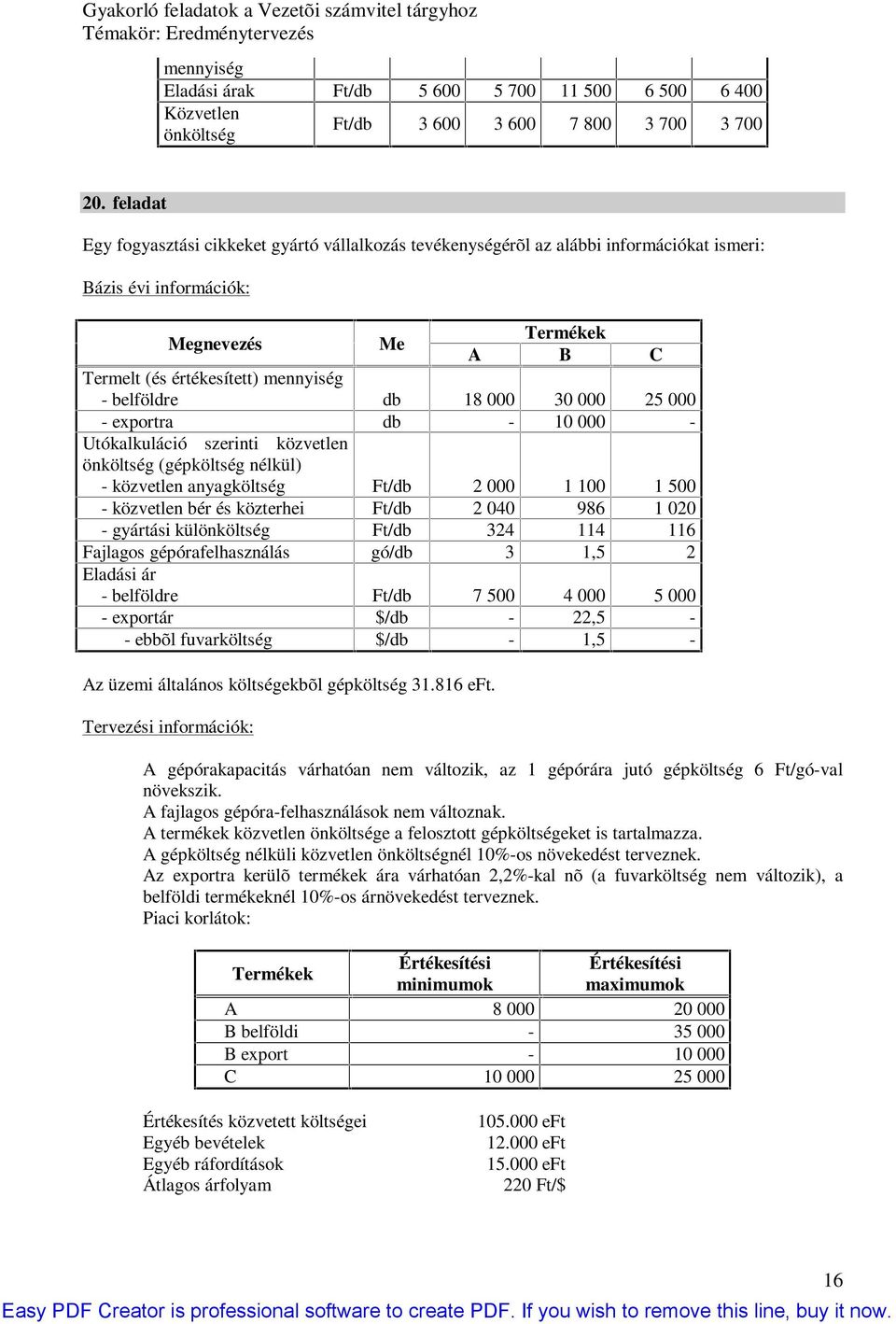 db 8 000 0 000 5 000 - exportra db - 0 000 - Utókalkuláció szerinti közvetlen önköltség (gépköltség nélkül) - közvetlen anyagköltség Ft/db 000 00 500 - közvetlen bér és közterhei Ft/db 00 986 00 -