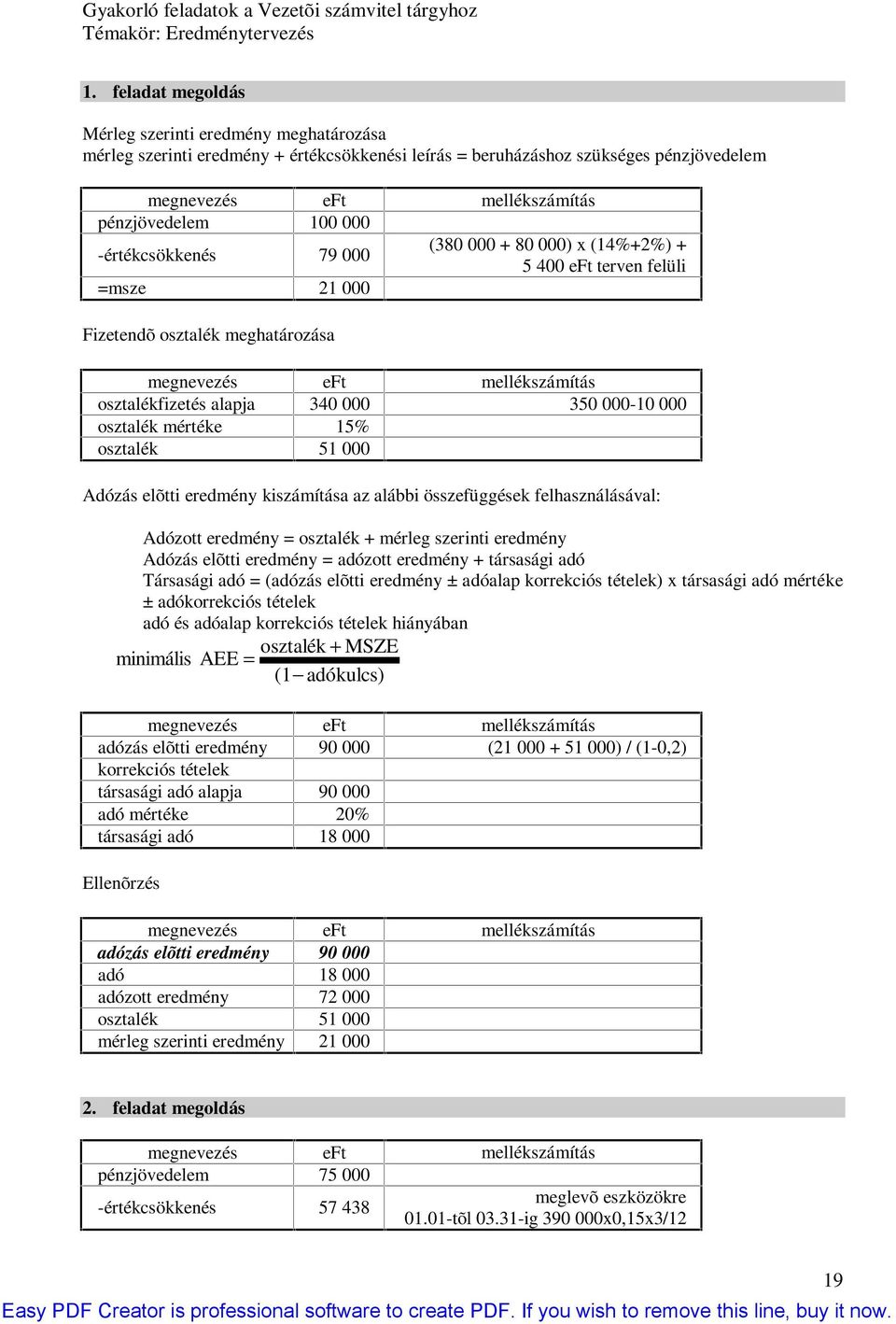 mértéke 5% osztalék 5 000 Adózás elõtti eredmény kiszámítása az alábbi összefüggések felhasználásával: Adózott eredmény = osztalék + mérleg szerinti eredmény Adózás elõtti eredmény = adózott eredmény