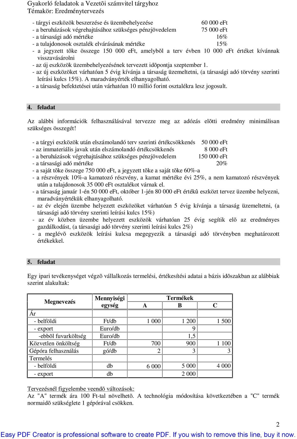 - az új eszközöket várhatóan 5 évig kívánja a társaság üzemeltetni, (a társasági adó törvény szerinti leírási kulcs 5%). A maradványérték elhanyagolható.