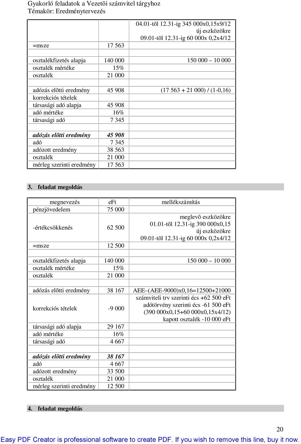 -ig 60 000x 0,x/ osztalékfizetés alapja 0 000 50 000 0 000 osztalék mértéke 5% osztalék 000 adózás elõtti eredmény 5 908 (7 56 + 000) / (-0,6) korrekciós tételek társasági adó alapja 5 908 adó