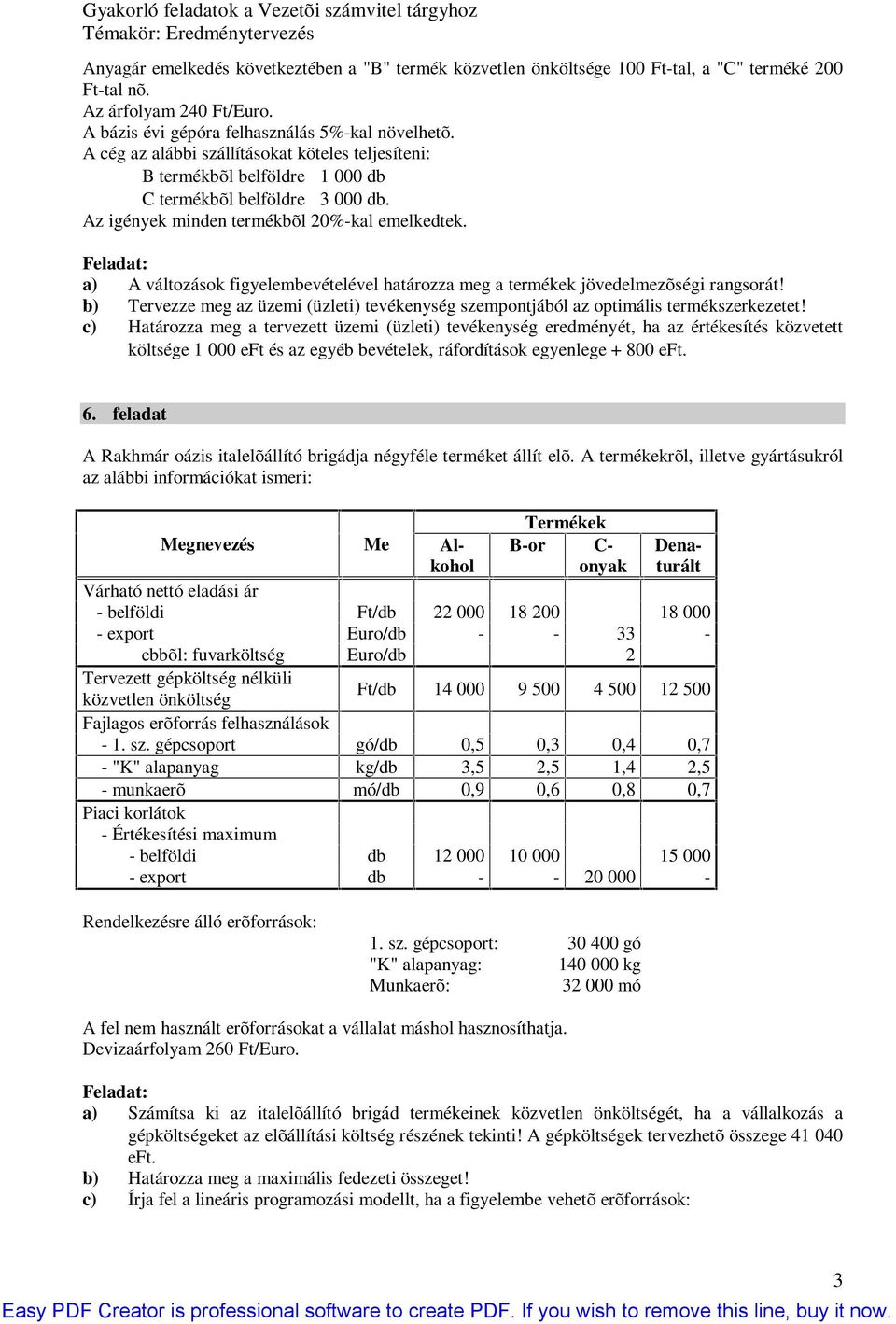 Feladat: a) A változások figyelembevételével határozza meg a termékek jövedelmezõségi rangsorát! b) Tervezze meg az üzemi (üzleti) tevékenység szempontjából az optimális termékszerkezetet!