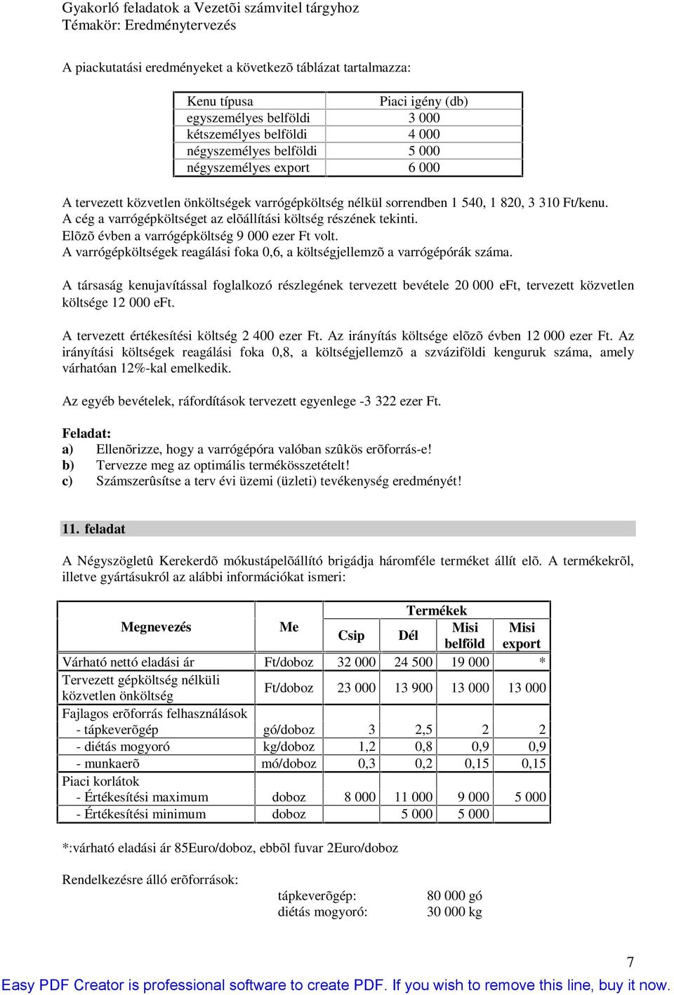 Elõzõ évben a varrógépköltség 9 000 ezer Ft volt. A varrógépköltségek reagálási foka 0,6, a költségjellemzõ a varrógépórák száma.