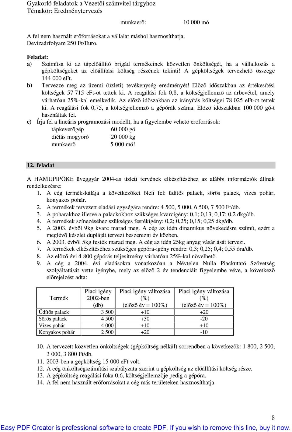 b) Tervezze meg az üzemi (üzleti) tevékenység eredményét! Elõzõ idõszakban az értékesítési költségek 57 75 eft-ot tettek ki.