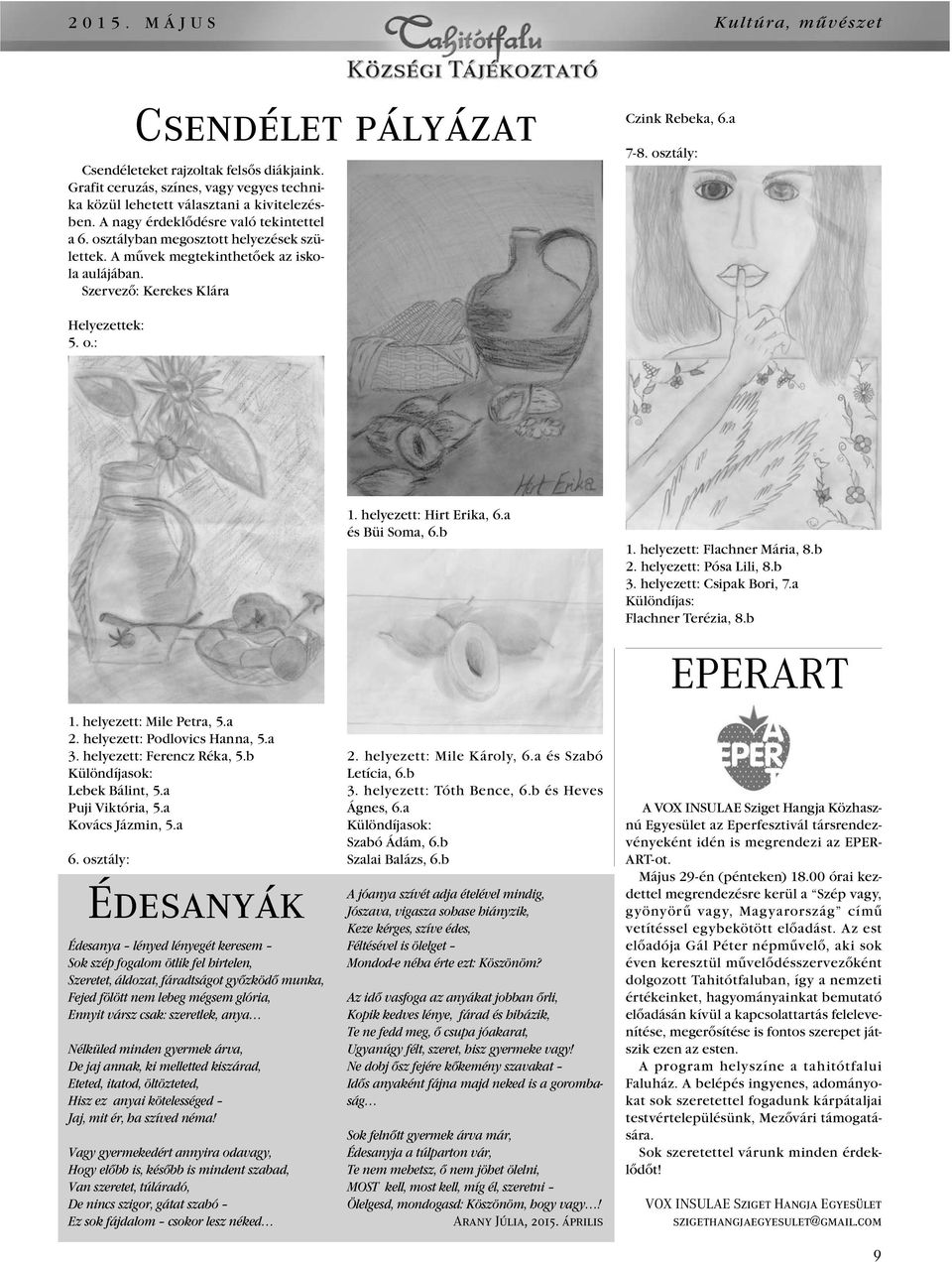 osztály: Helyezettek: 5. o.: 1. helyezett: Mile Petra, 5.a 2. helyezett: Podlovics Hanna, 5.a 3. helyezett: Ferencz Réka, 5.b Különdíjasok: Lebek Bálint, 5.a Puji Viktória, 5.a Kovács Jázmin, 5.a 6.