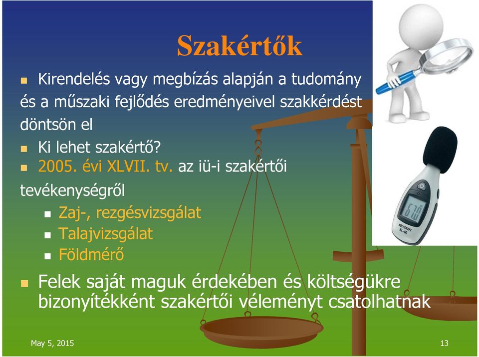 az iü-i szakértői tevékenységről Zaj-, rezgésvizsgálat Talajvizsgálat Földmérő Felek