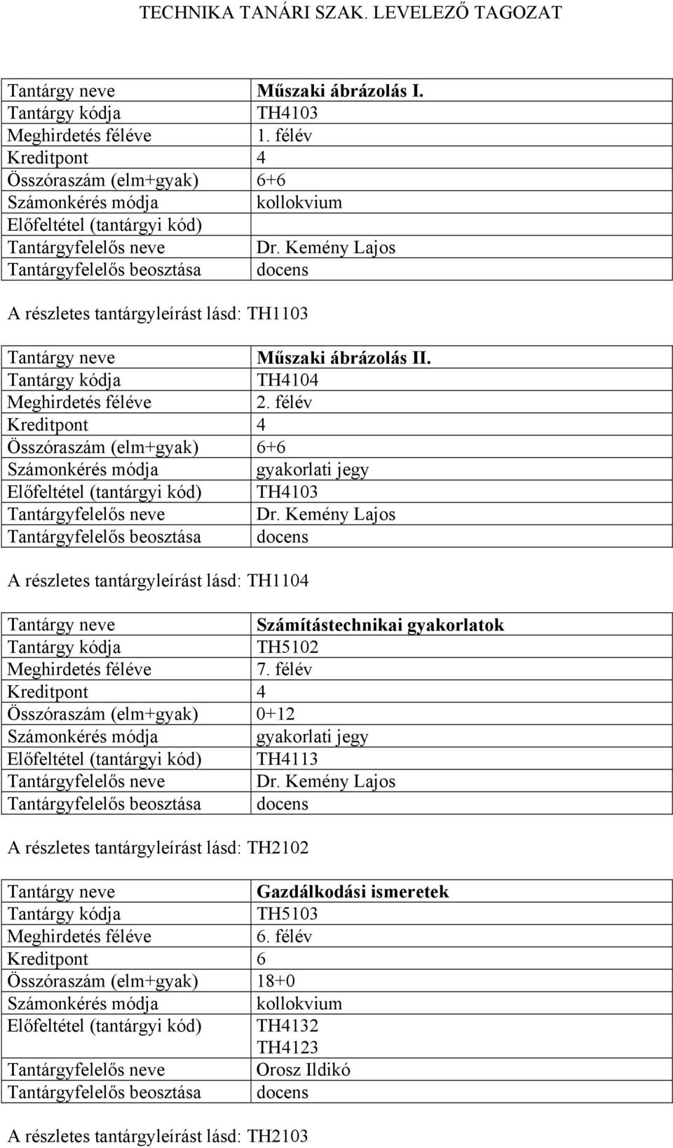 félév Összóraszám (elm+gyak) 6+6 TH4103 A részletes tantárgyleírást lásd: TH1104 Számítástechnikai