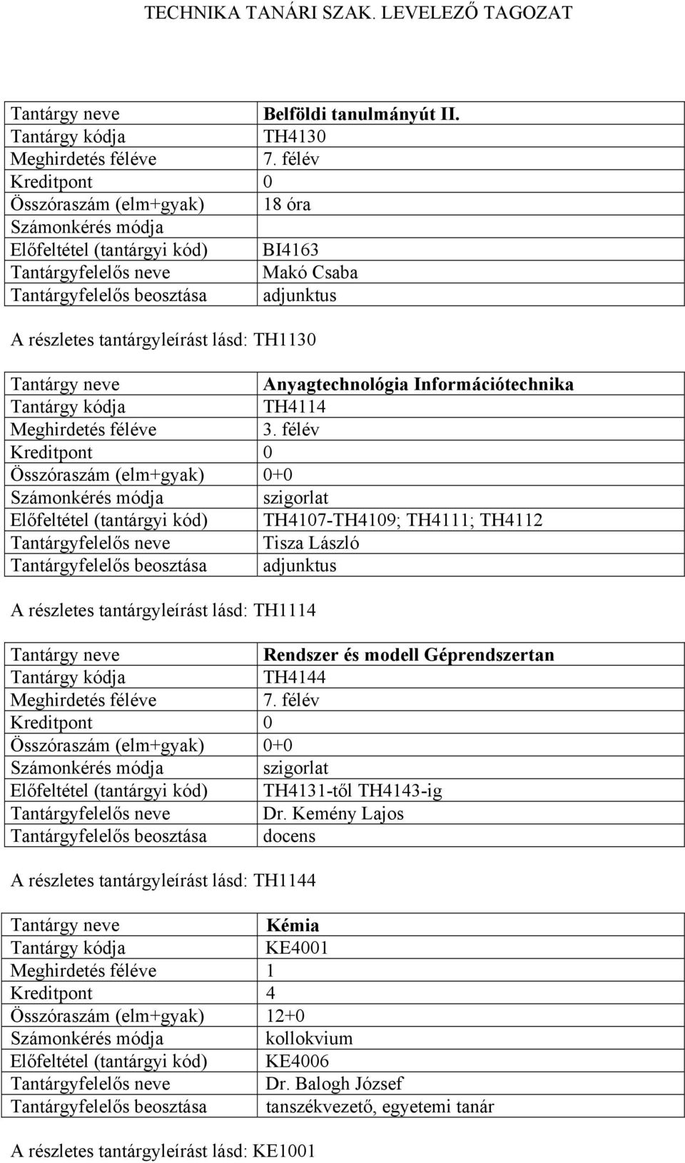 Összóraszám (elm+gyak) 0+0 szigorlat TH4107-TH4109; TH4111; TH4112 Tantárgyfelelős neve Tisza László A részletes tantárgyleírást lásd: TH1114 Rendszer és