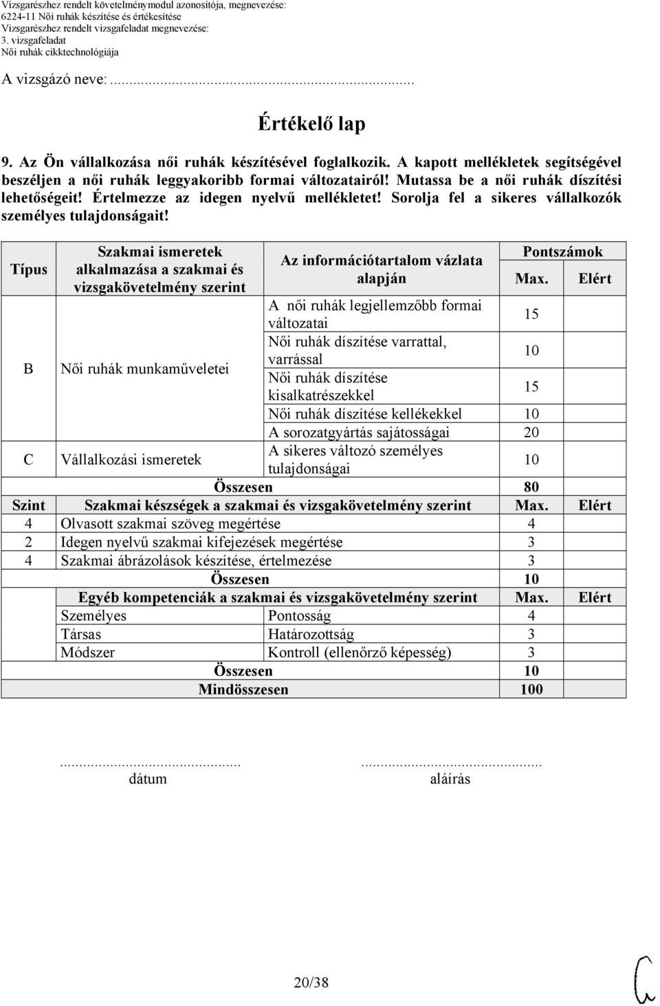 Típus Szakmai ismeretek alkalmazása a szakmai és vizsgakövetelmény szerint Az információtartalom vázlata alapján Pontszámok Max.