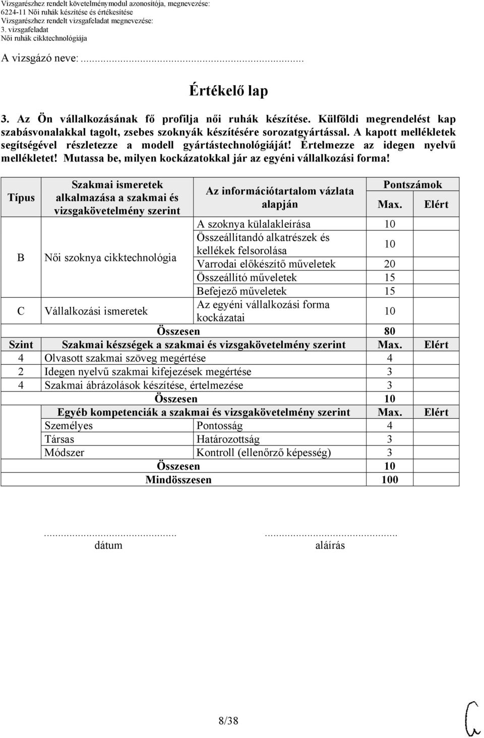 Típus Szakmai ismeretek alkalmazása a szakmai és vizsgakövetelmény szerint Az információtartalom vázlata alapján Pontszámok Max.