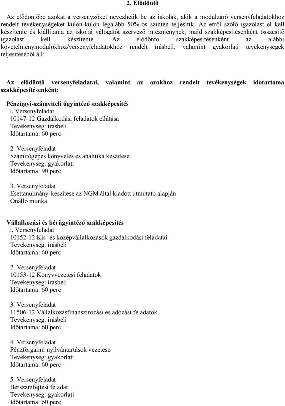 Az elődöntő szakképesítésenként az alábbi követelménymodulokhoz/versenyfeladatokhoz rendelt írásbeli, valamint gyakorlati tevékenységek teljesítéséből áll: Az elődöntő versenyfeladatai, valamint az