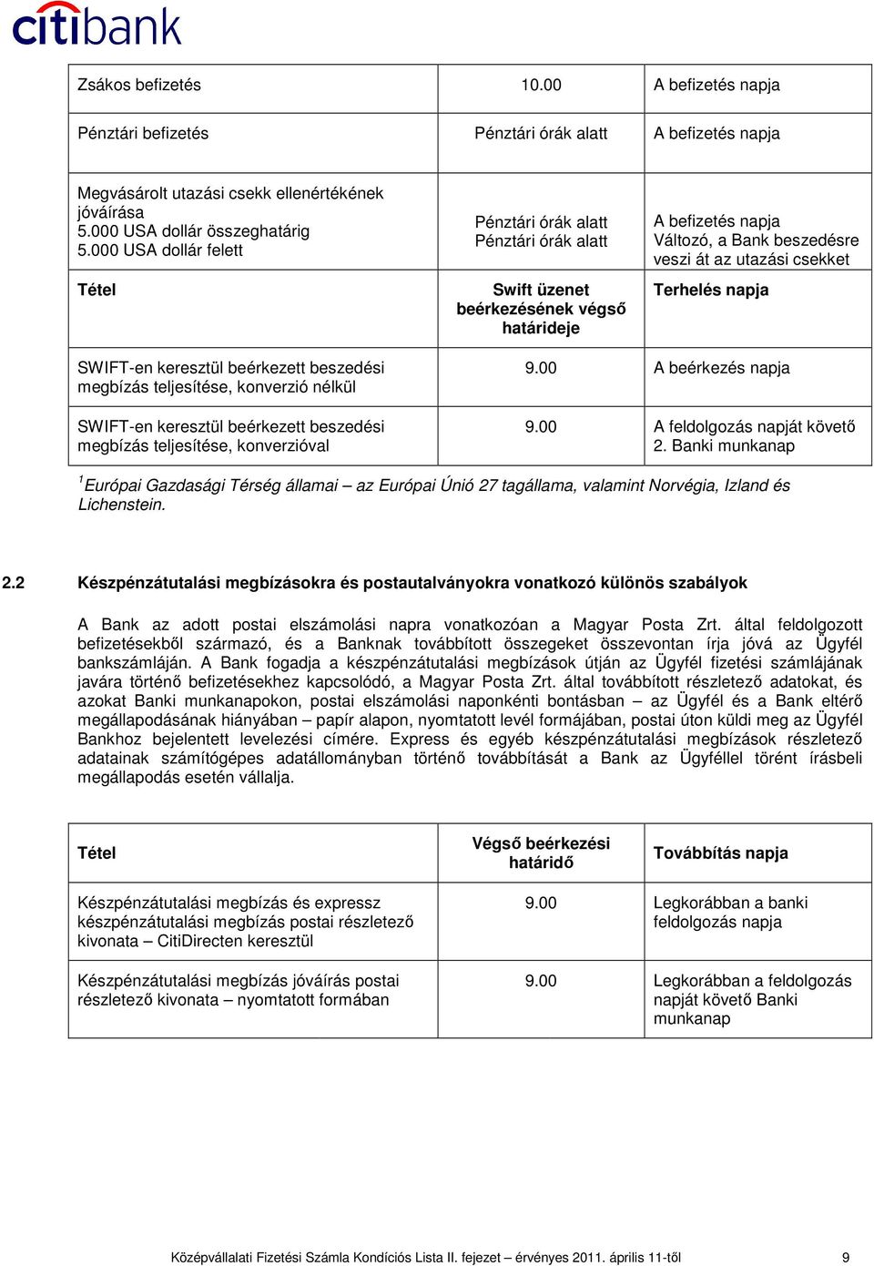 SWIFT-en keresztül beérkezett beszedési megbízás teljesítése, konverzió nélkül SWIFT-en keresztül beérkezett beszedési megbízás teljesítése, konverzióval 9.00 A beérkezés napja 9.