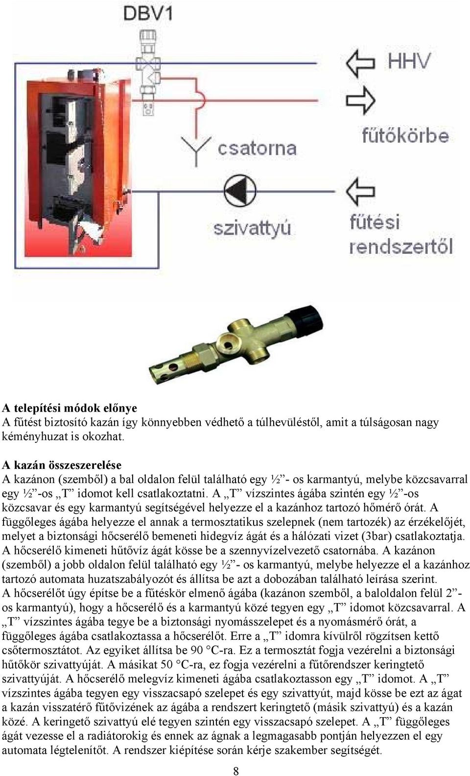 A T vízszintes ágába szintén egy ½ -os közcsavar és egy karmantyú segítségével helyezze el a kazánhoz tartozó hőmérő órát.