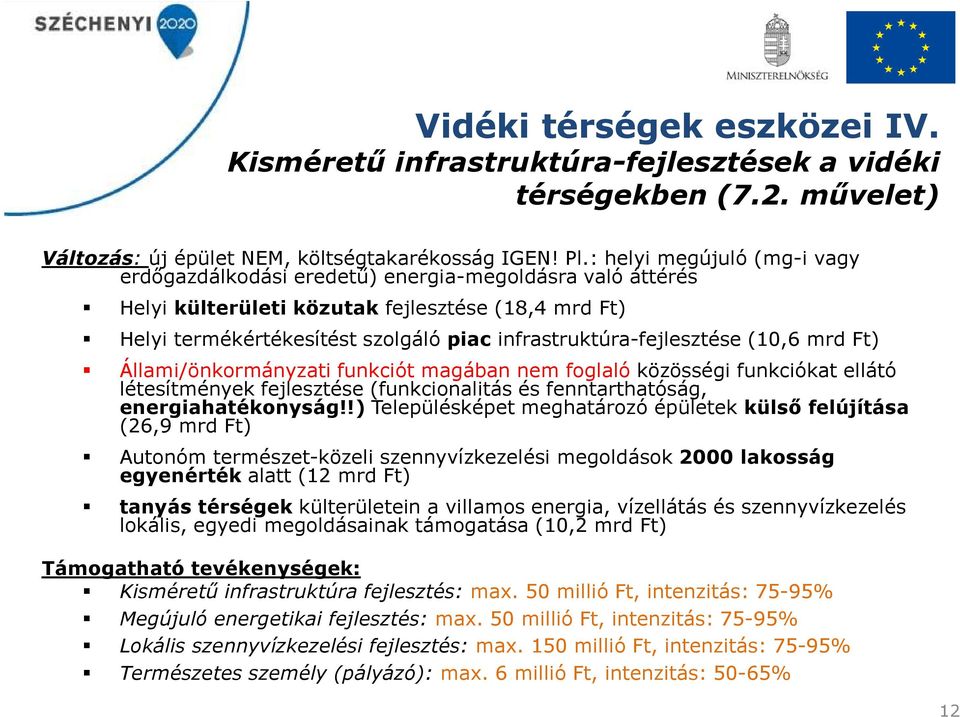 infrastruktúra-fejlesztése (10,6 mrd Ft) Állami/önkormányzati funkciót magában nem foglaló közösségi funkciókat ellátó létesítmények fejlesztése (funkcionalitás és fenntarthatóság, energiahatékonyság!