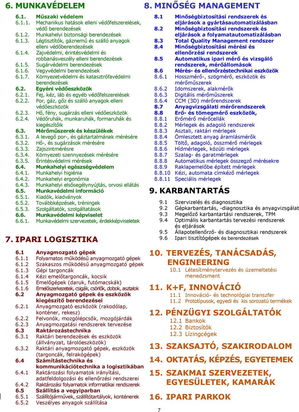 2.2. Por, gáz, gőz és szálló anyagok elleni védőeszközök 6.2.3. Hő, fény, sugárzás elleni védőeszközök 6.2.4. Védőruhák, munkaruhák, formaruhák és kiegészítőik 6.3. Mérőműszerek és készülékek 6.3.1.