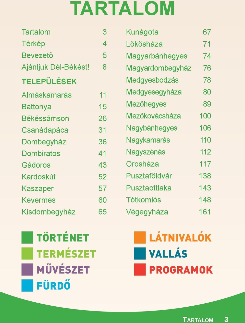 Kevermes 60 Kisdombegyház 65 Kunágota 67 Lőkösháza 71 Magyarbánhegyes 74 Magyardombegyház 76 Medgyesbodzás 78 Medgyesegyháza 80 Mezőhegyes