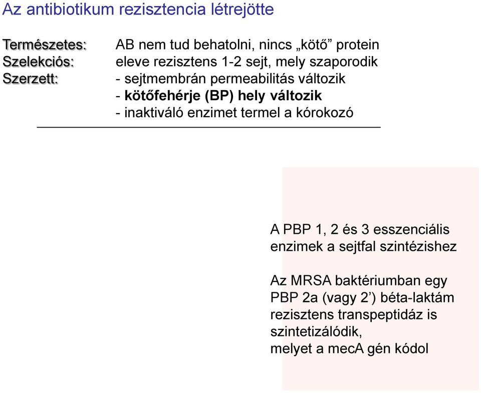 változik - inaktiváló enzimet termel a kórokozó A PBP 1, 2 és 3 esszenciális enzimek a sejtfal szintézishez Az