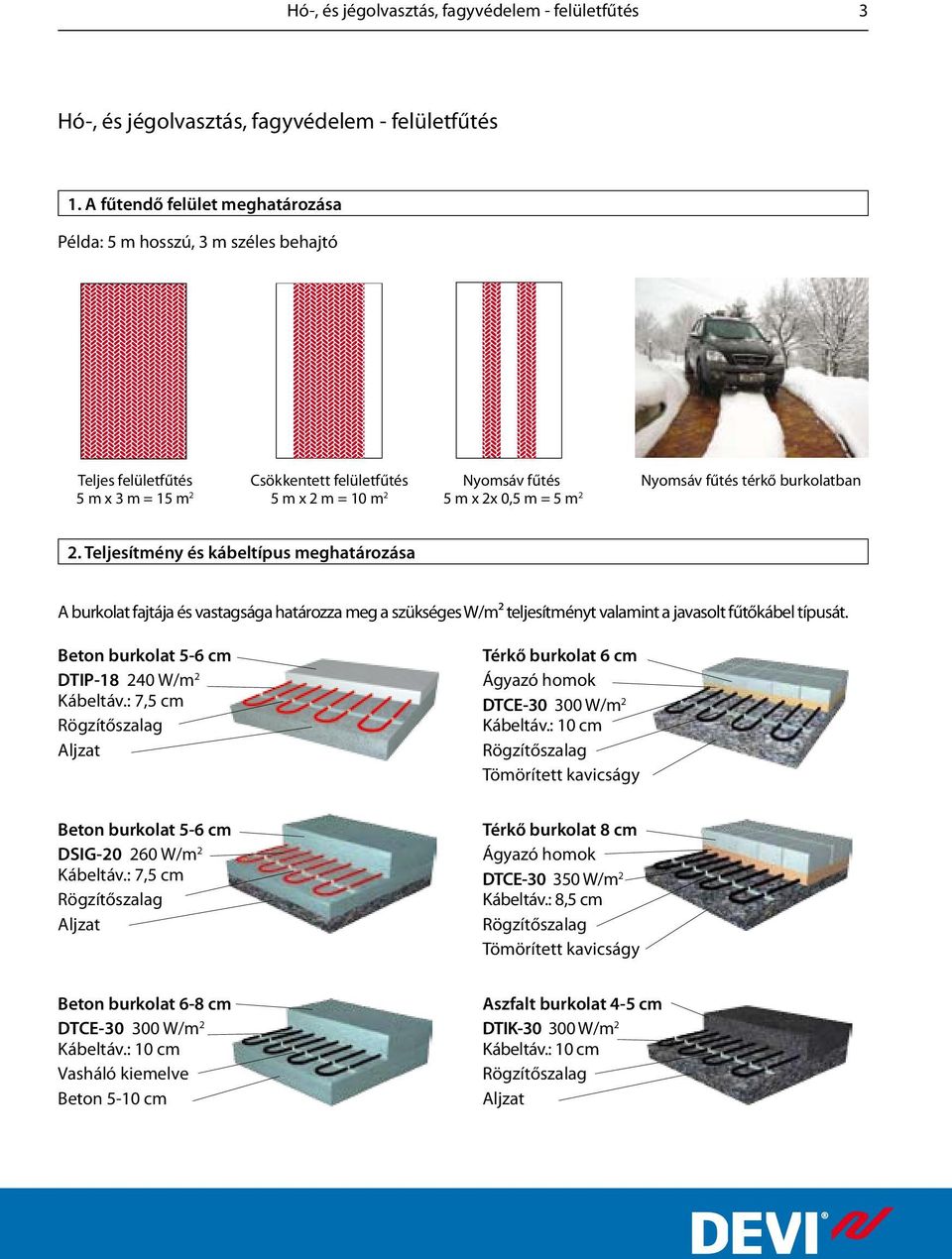 fűtés térkő burkolatban 2. Teljesítmény és kábeltípus meghatározása A burkolat fajtája és vastagsága határozza meg a szükséges W/m² teljesítményt valamint a javasolt fűtőkábel típusát.