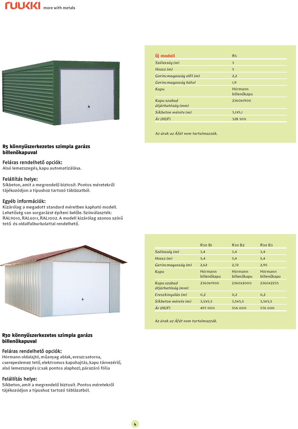 Színválaszték: RAL9010, RAL6011, RAL1002. A modell kizárólag azonos színű tető- és oldalfalburkolattal rendelhető.