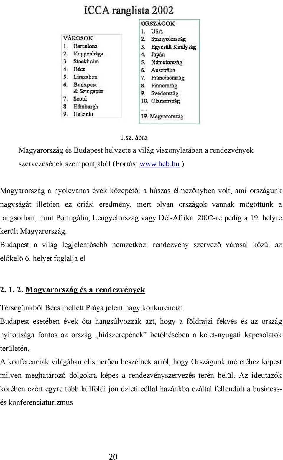 Lengyelország vagy Dél-Afrika. 2002-re pedig a 19. helyre került Magyarország. Budapest a világ legjelentősebb nemzetközi rendezvény szervező városai közül az előkelő 6. helyet foglalja el 2. 1. 2. Magyarország és a rendezvények Térségünkből Bécs mellett Prága jelent nagy konkurenciát.