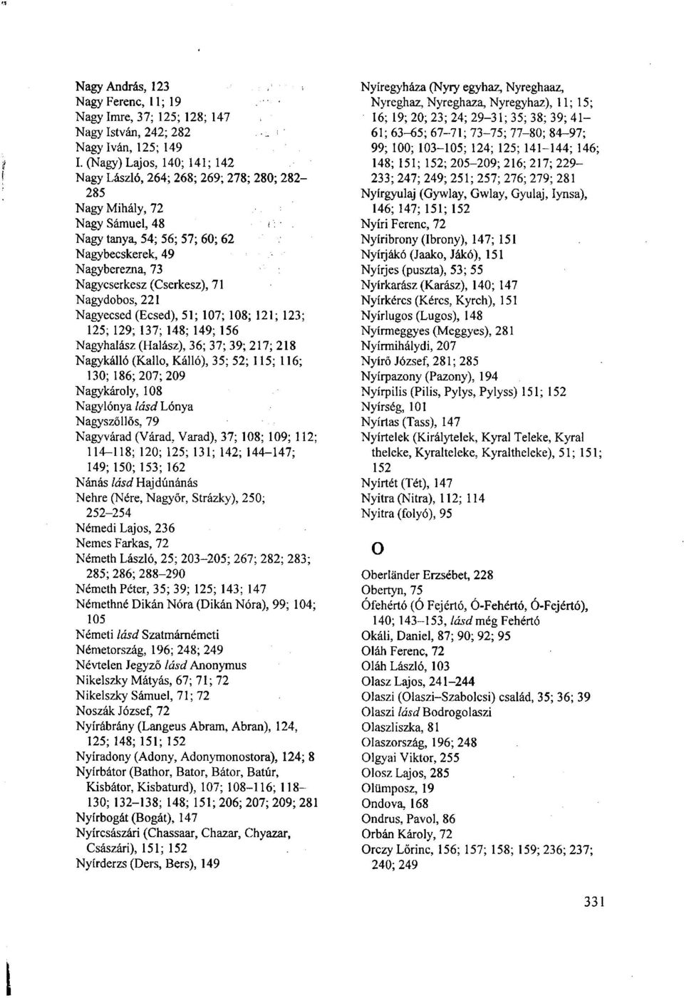 Nagydobos, 221 Nagyecsed (Ecsed), 51; 107; 108; 121; 123; 125; 129; 137; 148; 149; 156 Nagyhalász (Halász), 36; 37; 39; 217; 218 Nagykálló (Kalló, Kalló), 35; 52; 115; 116; 130; 186; 207; 209