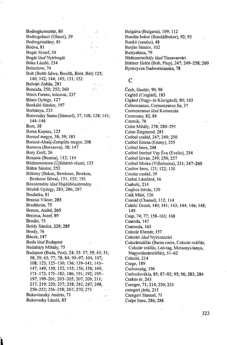 Borsa Kopasz, 125 Borsod megye, 38; 39; 183 Borsod-Abaúj-Zemplén megye, 208 Borsóvá (Borzsova), 38; 147 Bory Zsolt, 26 Bosznia (Boznia), 112; 114 Bődmonostora (Újfehértó része), 125 Böhm Sándor, 252