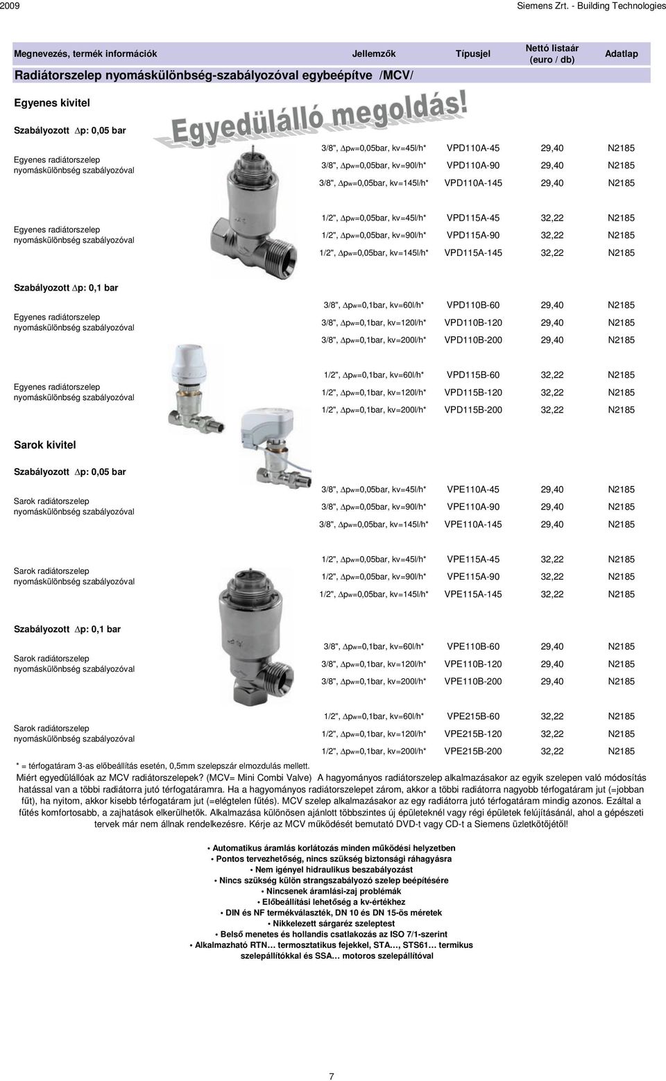 VPD115A-45 32,22 N2185 1/2", pw=0,05bar, kv=90l/h* VPD115A-90 32,22 N2185 1/2", pw=0,05bar, kv=145l/h* VPD115A-145 32,22 N2185 Szabályozott p: 0,1 bar Egyenes radiátorszelep nyomáskülönbség