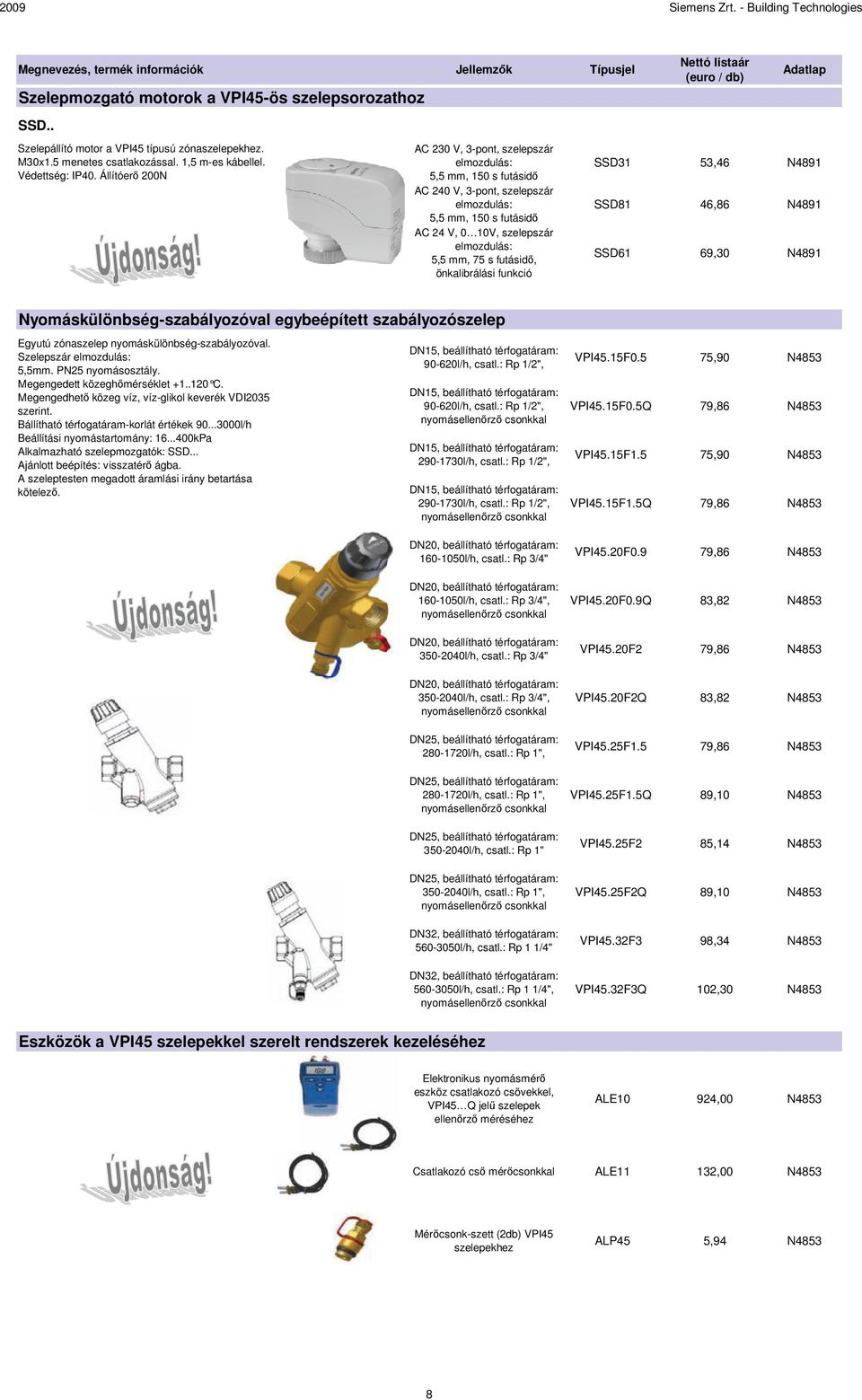 futásidő, önkalibrálási funkció SSD31 53,46 N4891 SSD81 46,86 N4891 SSD61 69,30 N4891 Nyomáskülönbség-szabályozóval egybeépített szabályozószelep Egyutú zónaszelep nyomáskülönbség-szabályozóval.