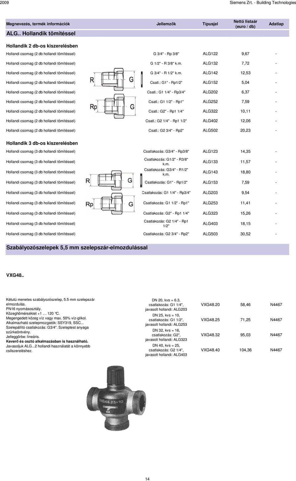 : G1 1/4" - Rp3/4" ALG202 6,37 - Hollandi csomag (2 db hollandi tömítéssel) Csatl.: G1 1/2" - Rp1" ALG252 7,59 - Hollandi csomag (2 db hollandi tömítéssel) Csatl.