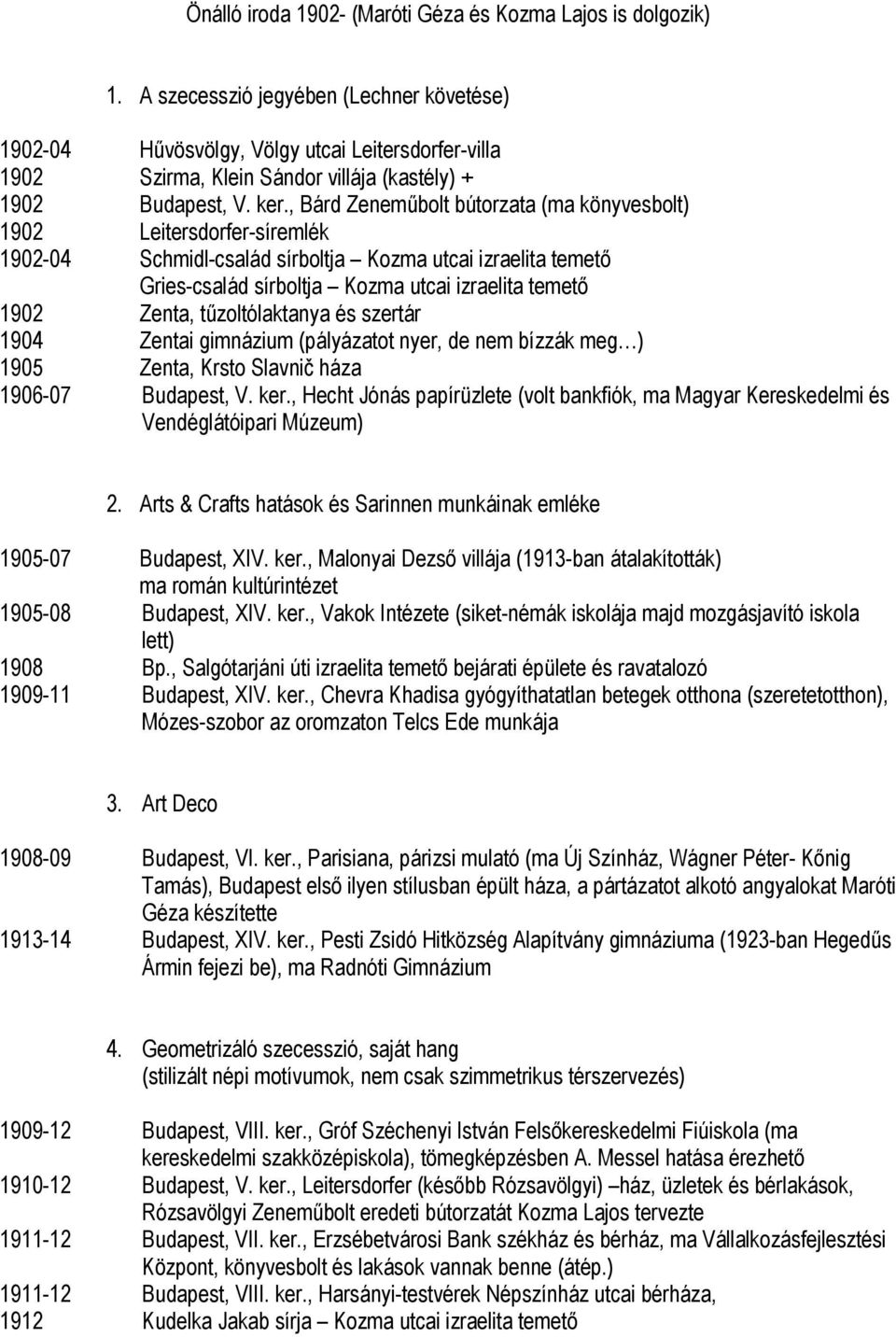 , Bárd Zeneműbolt bútorzata (ma könyvesbolt) 1902 Leitersdorfer-síremlék 1902-04 Schmidl-család sírboltja Kozma utcai izraelita temető Gries-család sírboltja Kozma utcai izraelita temető 1902 Zenta,