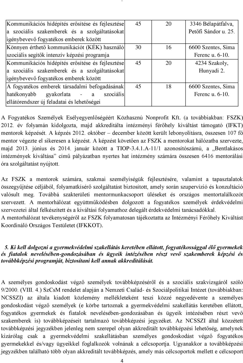befogadásának hatékonyabb gyakorlata - a szociális ellátórendszer új feladatai és lehetőségei 45 20 3346 Bélapátfalva, Petőfi Sándor u. 25. 30 16 6600 Szentes, Sima Ferenc u. 6-10.