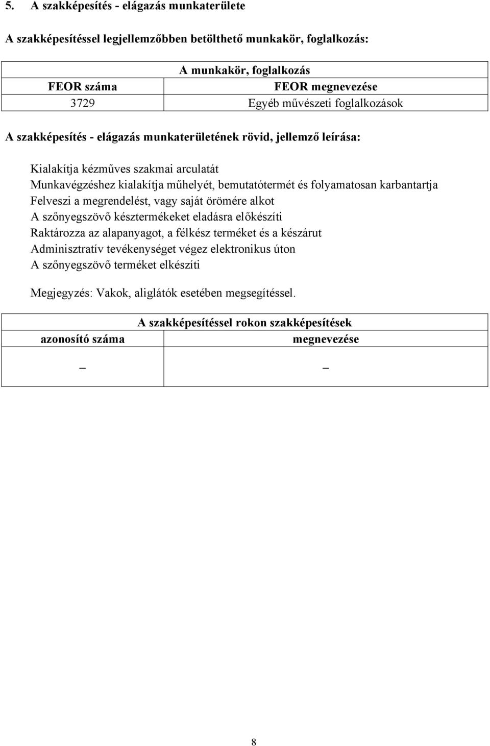 karbantartja Felveszi a megrendelést, vagy saját örömére alkot A szőnyegszövő késztermékeket eladásra előkészíti Raktározza az alapanyagot, a félkész terméket és a készárut Adminisztratív