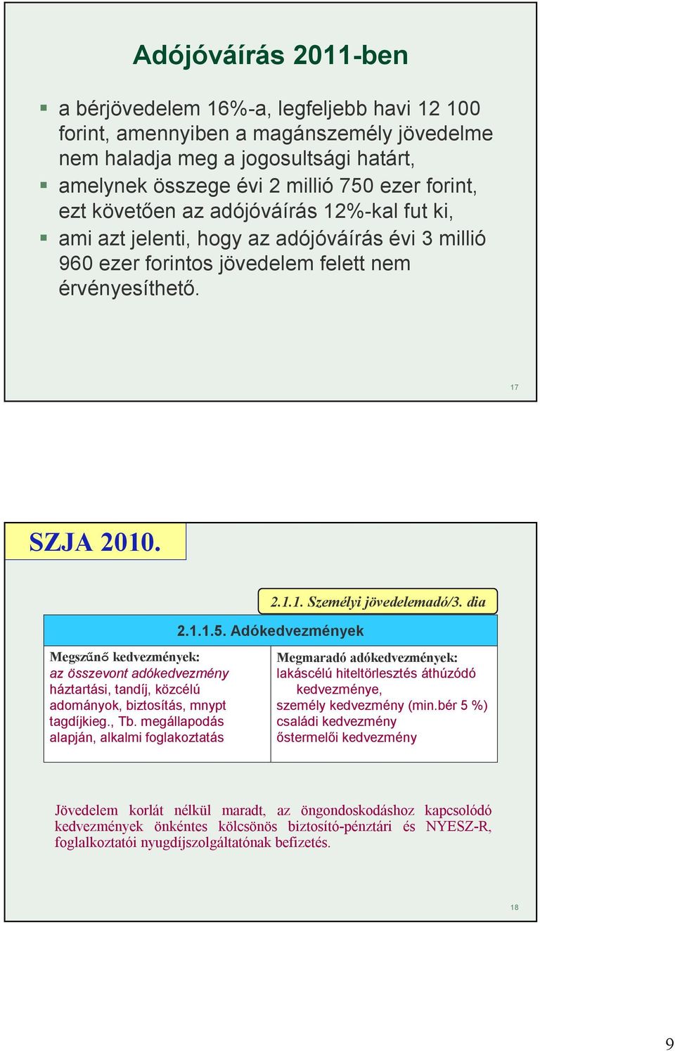 Megszűnő kedvezmények: az összevont adókedvezmény háztartási, tandíj, közcélú adományok, biztosítás, mnypt tagdíjkieg., Tb. megállapodás alapján, alkalmi foglakoztatás 2.1.1. Személyi jövedelemadó/3.